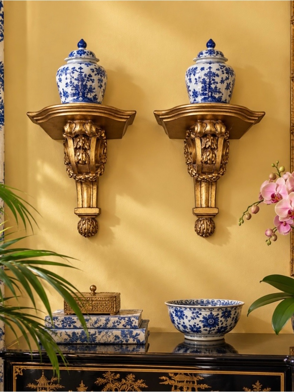 Tapestry Accents Rococo Gold Corbel Wall Shelves Pair